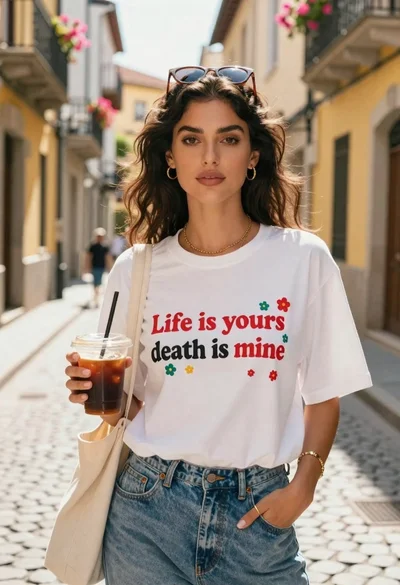 Confident young woman holding iced coffee on a sunlit cobblestone street