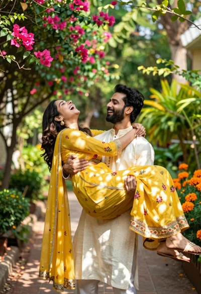 Joyful couple in traditional south asian attire in a lush garden