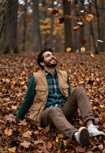 Man sitting in forest surrounded by falling autumn leaves soft daylight