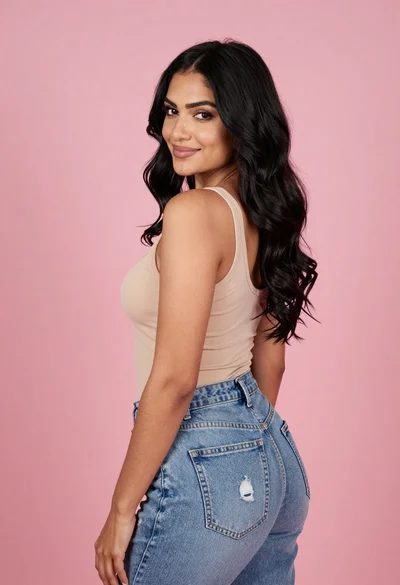 Woman with long dark wavy hair in beige tank top and blue