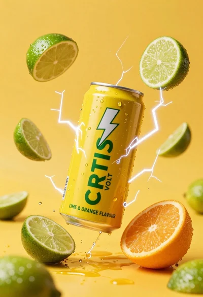 Yellow energy drink can floating in midair with lime slices and lightning