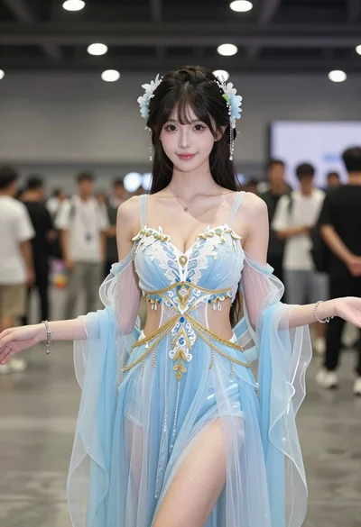 Young woman in ethereal blue gown standing indoors at convention hall