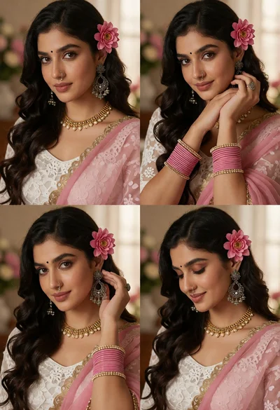 Collage portrait of young woman with dark hair wearing pink dupatta