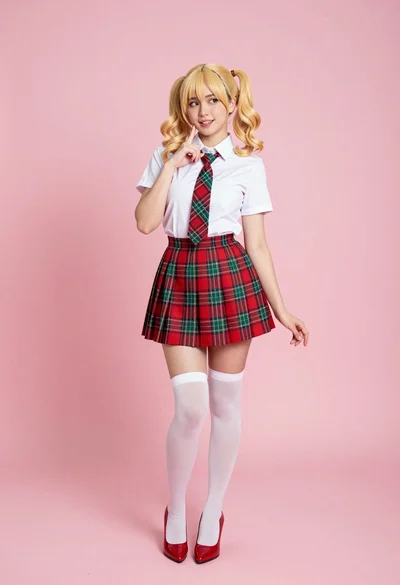 Full body studio shot of blonde woman in plaid schoolgirl outfit against