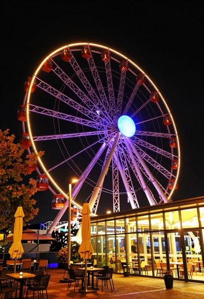 Low angle wide shot of massive illuminated ferris wheel over modern city