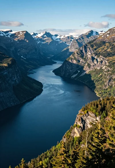 Aerial view of deep blue fjord winding through towering forested mountains under