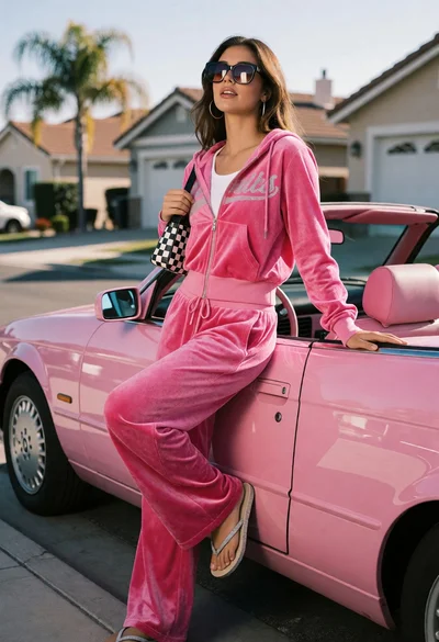 Young woman in pink tracksuit leaning on convertible car on sunny suburban