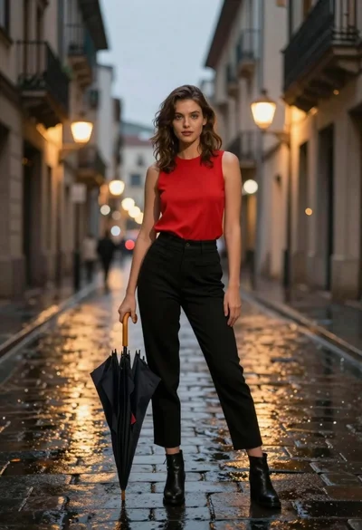 Confident woman in red top standing on wet cobblestone city street