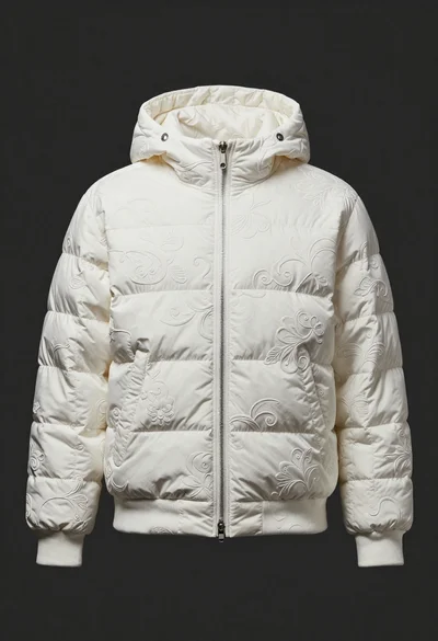 White puffer jacket displayed on a dark gray background