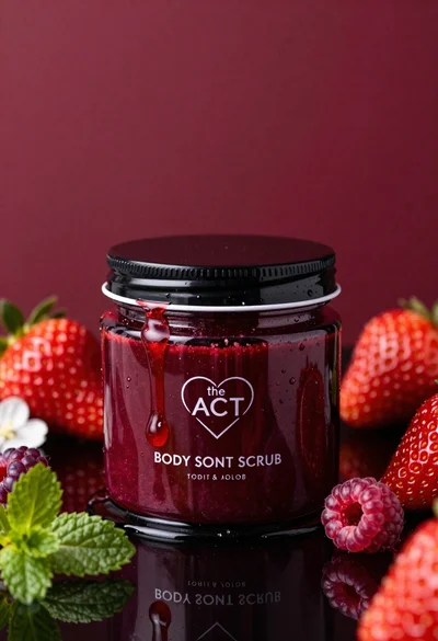 Glossy black jar of deep red body salt scrub surrounded by fresh