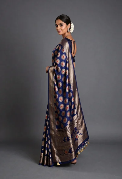 Woman in elaborate blue and gold saree looking over shoulder studio portrait