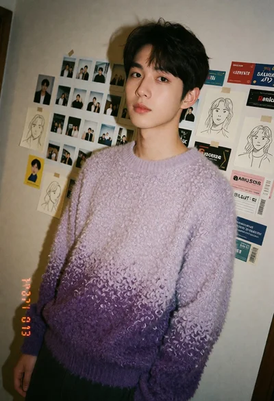 Young man in lavender sweater against collage background with vintage film aesthetic