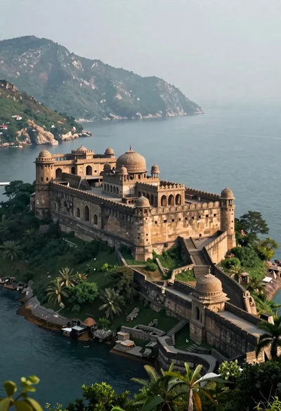 Ancient stone fortress on a lush green island sea