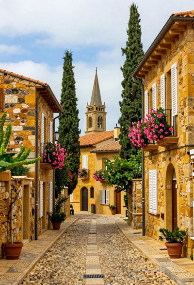 Cobblestone alleyway in a sunny european village