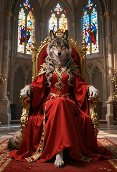 Anthropomorphic wolf on a red throne in cathedral hall