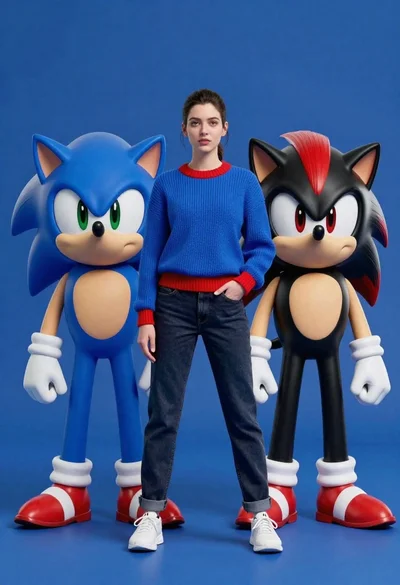Young woman standing confidently between two large sonic the hedgehog characters