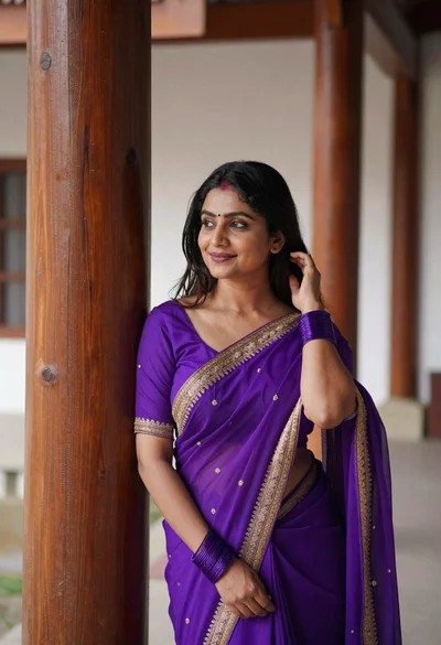 Woman in purple saree leaning on wooden pillar indoors soft lighting