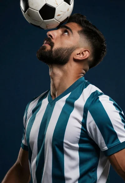 Young man balancing soccer ball on forehead in athletic studio portrait