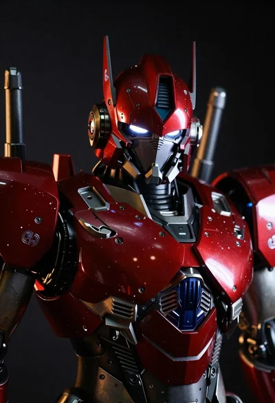 Close up of red and black armored robot suit