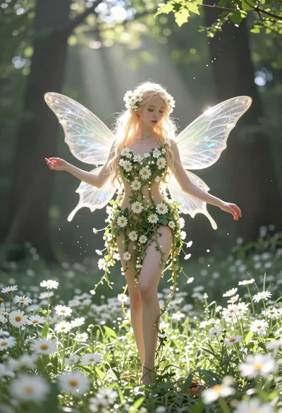 Ethereal fairy in white flowers standing in a sunlit forest clearing