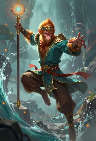 Monkey warrior leaping with magical staff in fantasy scene