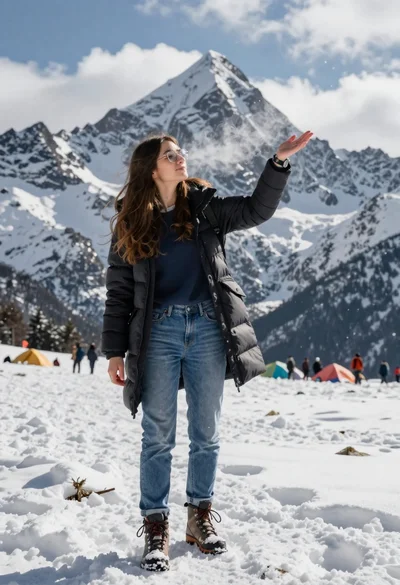 Young woman in black winter coat reaching for snowy mountain peak from
