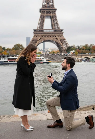 Man proposing to woman in front of eiffel tower by river