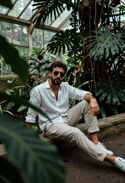 Young man in white linen shirt sitting on stone ledge in lush