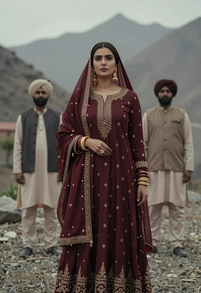 Regal woman in maroon traditional outfit standing before misty mountains