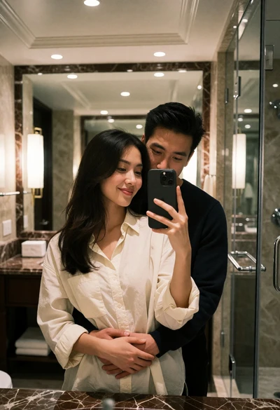 Couple taking a mirror selfie in luxurious marble bathroom setting