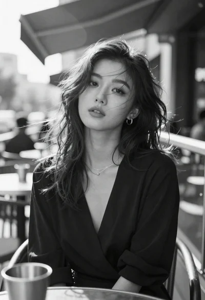 East asian woman at outdoor cafe table in black and white
