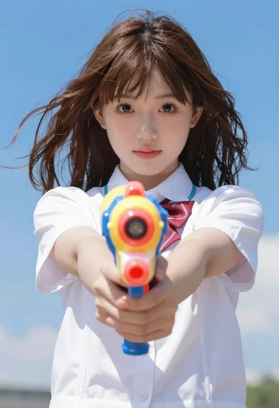 Anime girl holding toy blaster against bright blue sky