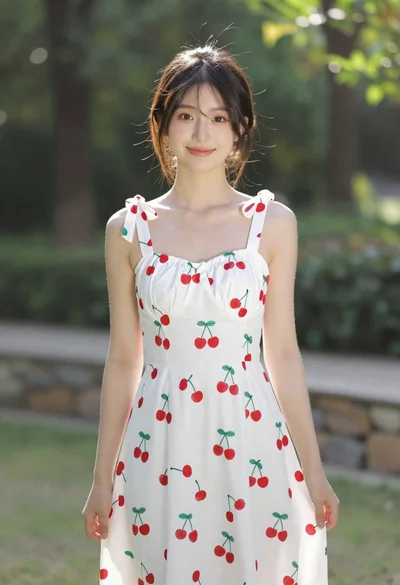Young woman in white cherry print dress standing in sunny garden