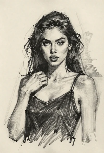 Charcoal portrait sketch of woman touching her neck