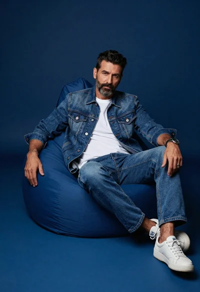 Stylish man in denim jacket on a blue bean bag