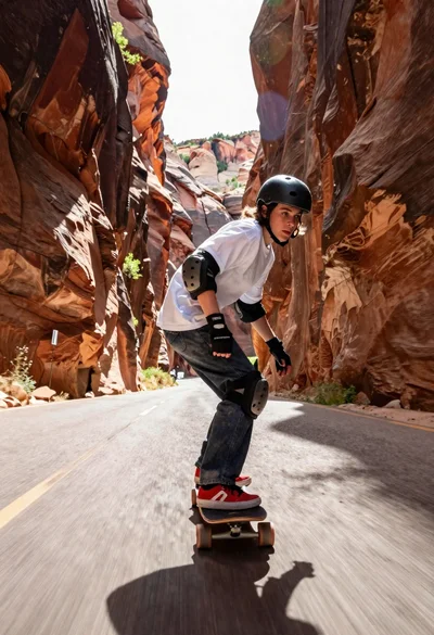 Longboarder speeding through a narrow canyon passage