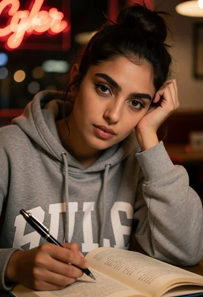 Young woman studying indoors at night with red neon background light