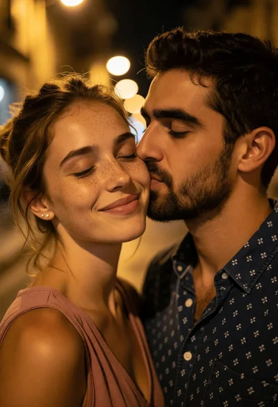 Close up portrait of couple kissing cheek on a blurred city street