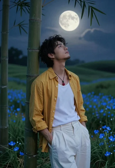 Handsome young man in yellow shirt leaning against bamboo under full moon