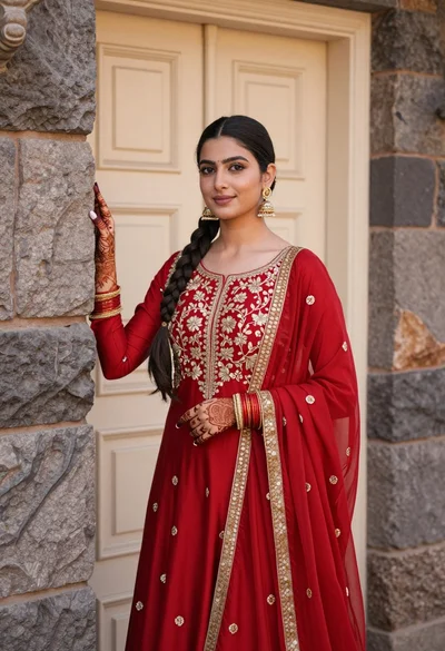 Young woman in red anarkali dress against cream door and stone walls