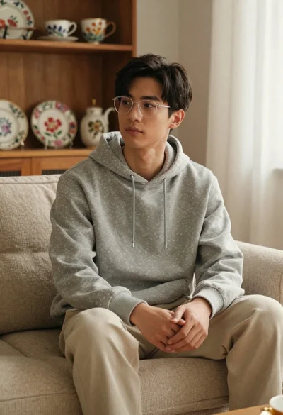 Young man with dark hair and glasses sitting on a sofa