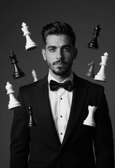 Monochrome portrait of man with floating chess pieces
