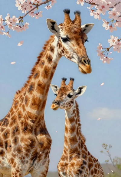 Realistic portrait of adult and baby giraffe