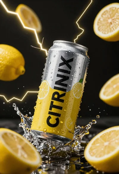 Silver and yellow aluminum beverage can suspended in water splash against dark