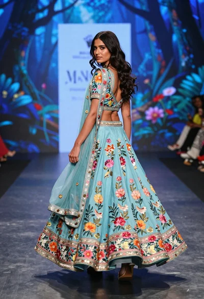 Woman walking runway in blue lehenga with floral embroidery backdrop