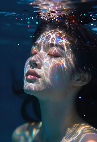 Womans face submerged in water with prismatic lighting