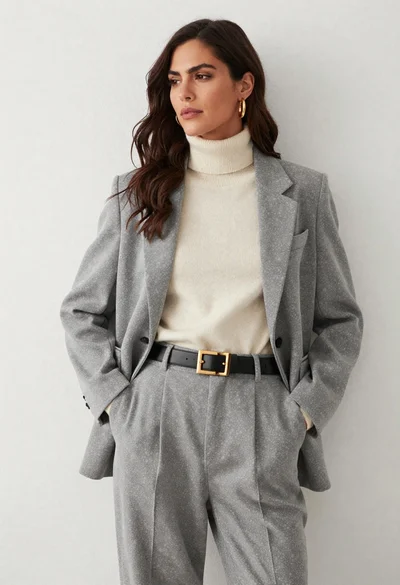 Woman in grey suit and cream turtleneck standing against white wall