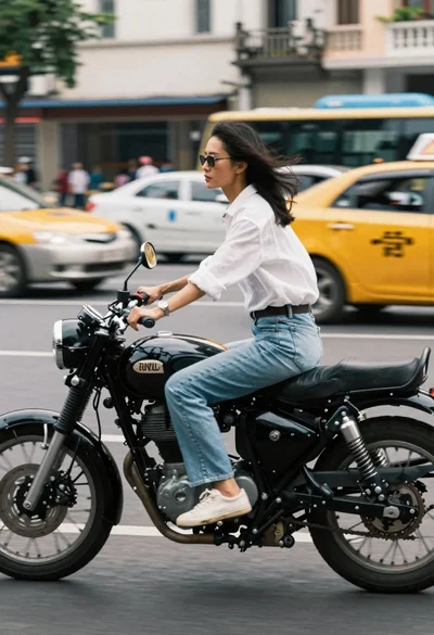 Woman riding a black motorcycle on a busy city street