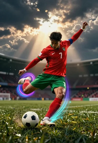 Male soccer player kicking white ball on grass field with vibrant light
