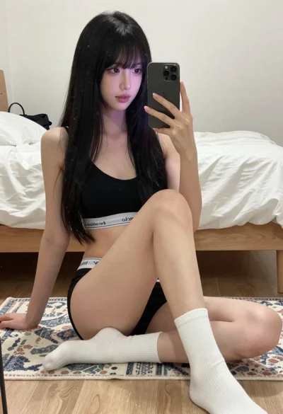 Young woman taking mirror selfie in black lingerie at bedroom